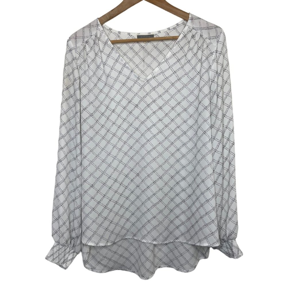 PLEIONE | Long Sleeve White Tunic Blouse with Black Diamond Pattern | Size L 